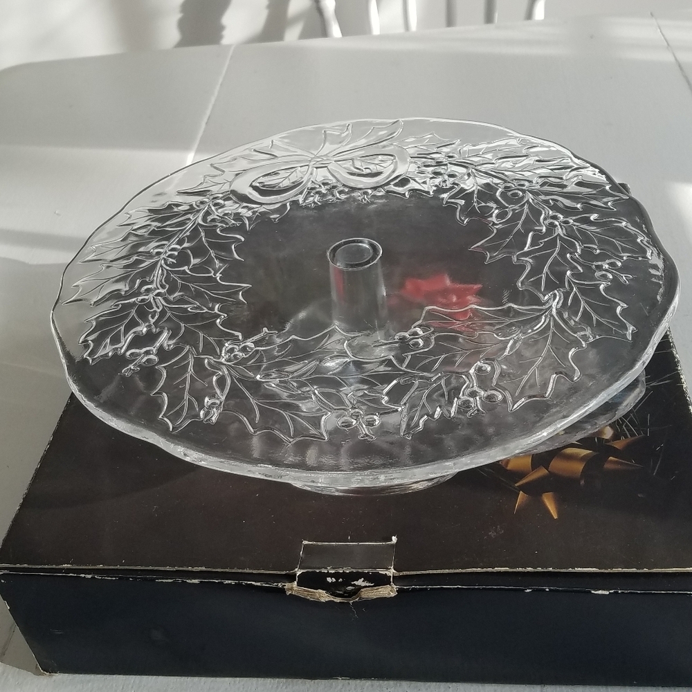 Vintage Made in Italy Glass Etched Cake Stand Holiday